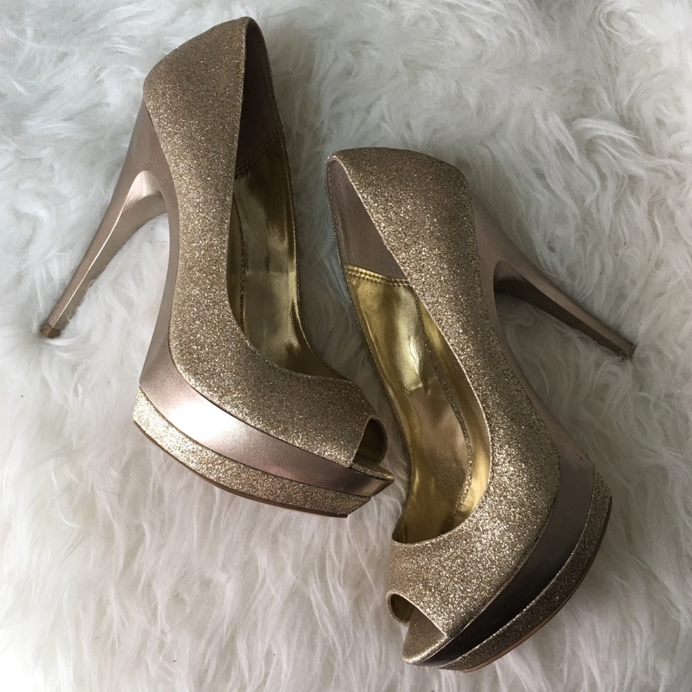 Gold Glittered Open-Toe Platforms by Bakers size 8